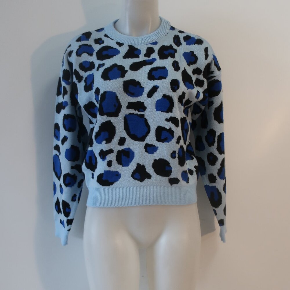 NWT Womens The Tellier Amur/Equus Blue Leopard Sweater S